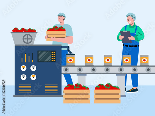 Man working on ketchup production factory. Food industry vector illustration. Flat illustration concept.