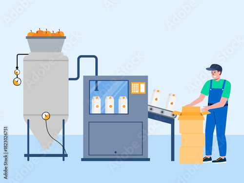 Man worker working on orange juice production factory. Food industry vector illustration. Flat illustration concept.