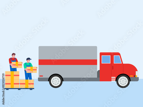 Man worker holding big box and loading parcels into truck. Food industry vector illustration. Flat illustration concept.