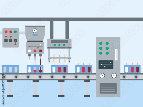 The conveyor for the production of ice creams with chocolate, strawberry and vanilla. Food industry vector illustration. Flat illustration concept.
