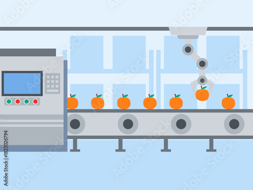 Industrial production orange juice factory. Food industry vector illustration. Flat illustration concept.