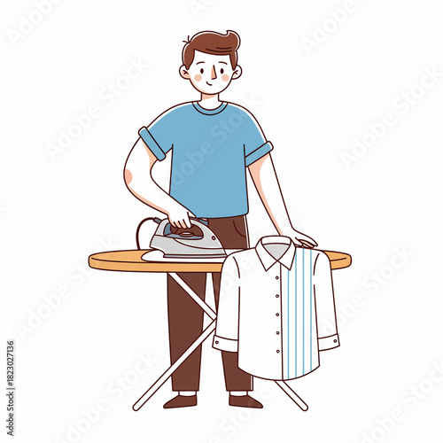 Man ironing clothes on an ironing board at home.