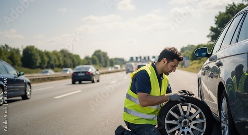 Roadside emergency with a man changing a flat tire on a car. Driver in a safety vest fixing a vehicle breakdown on the highway shoulder