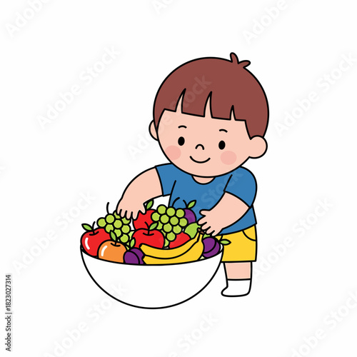 Cute cartoon boy happily choosing fresh fruit from a large bowl.