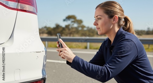 Woman taking a photo of car damage with a smartphone after an accident. Documenting scratches on a bumper for an insurance claim on the roadside