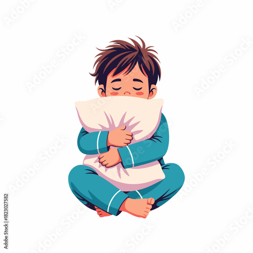 Boy in pajamas hugging a pillow with eyes closed.
