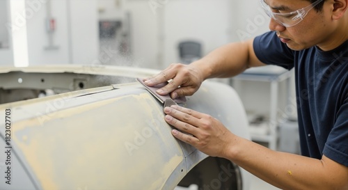 Asian mechanic sanding car body with sandpaper in workshop. Auto body technician repairing vehicle surface with filler. Professional man working on car restoration