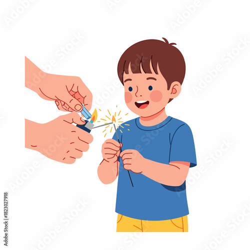 A young boy joyfully holding a sparkler as an adult lights it for him, celebrating a special occasion.