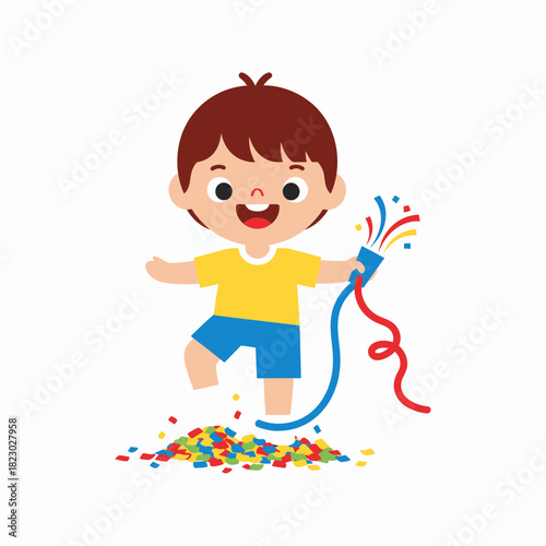 Happy boy celebrating with confetti and party popper.