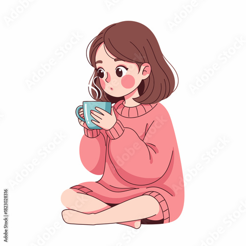 Cute cartoon girl in pink sweater enjoying a warm drink.
