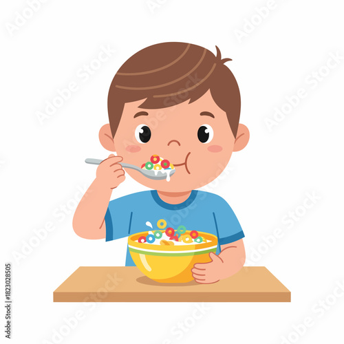 Boy Enjoying a Bowl of Cereal for Breakfast.