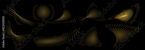Halftone patterns of curved shapes on a black background for various decorative designs with a glowing effect and a stylish look, only in gold color.