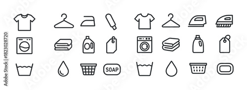 Laundry icon set: clothing care, washing machines, detergent, soap, hangers, iron