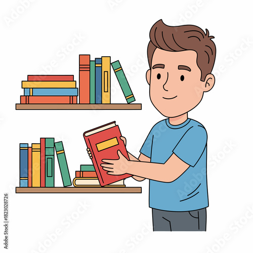Young man selecting a book from the bookshelf, enjoying reading and learning.