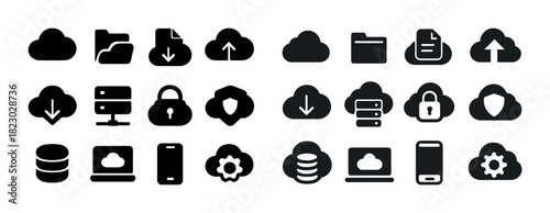 Cloud computing icons: upload, download, security, mobile, gear