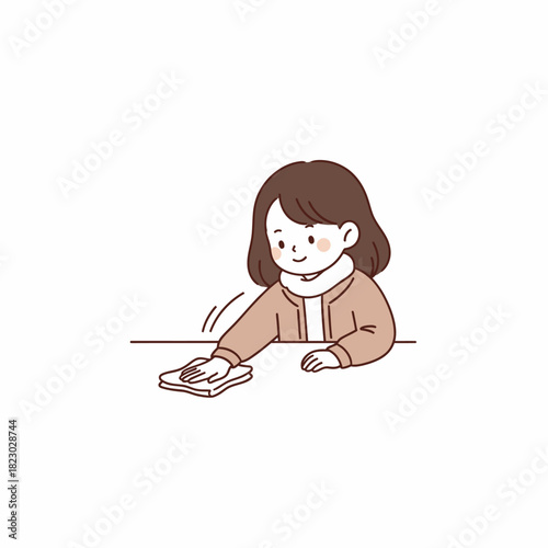 Woman cleaning table with cloth, focused on the task, diligent and neat.