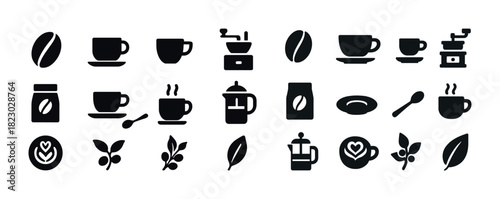 Coffee icons set: cups, beans, grinder, leaves, latte art, french press