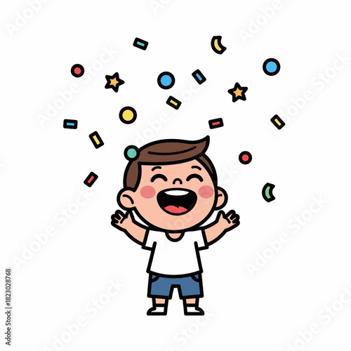 Happy little boy celebrating with colorful confetti falling around him.