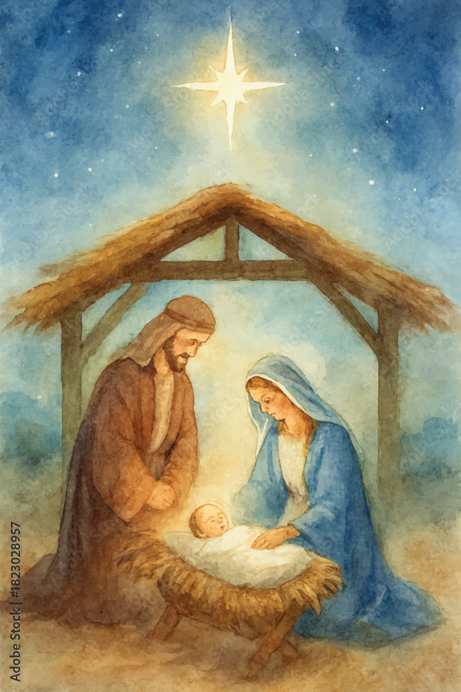 Fototapeta premium watercolor jesus born on christmas night