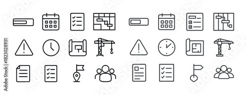 Construction and planning icons: calendars, checklists, cranes, buildings, navigation, alerts, clocks, teams