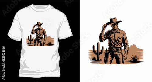 Cowboy in desert scenery vector illustration for t-shirt