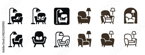 Silhouette icons of armchairs with floor lamps in various designs