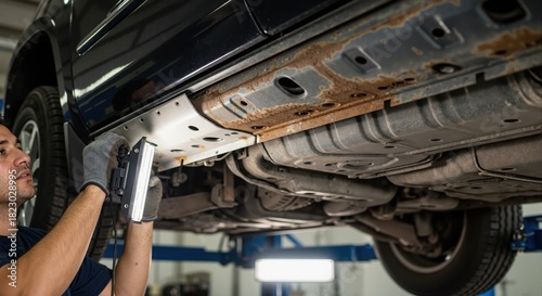 Mechanic inspecting rust on car undercarriage with light. Auto technician checking corroded vehicle chassis in workshop. Vehicle maintenance and safety inspection