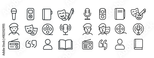 Media and entertainment icons: microphones, books, people, and more