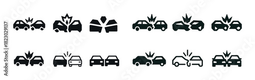 Car accident black icons set: collision, damage, vehicles, impact, crash symbols