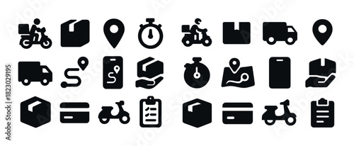 Black delivery and shipping icons collection with various transport and tracking symbols