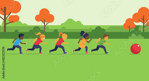 A diverse group of happy children joyfully runs across a vibrant green park lawn, chasing a bright red ball, embodying active outdoor play and friendship.