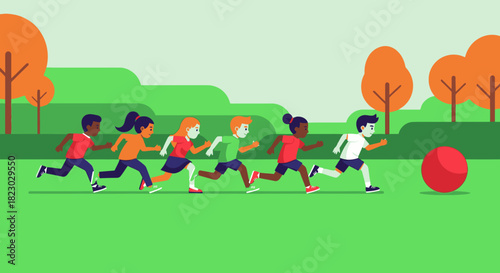 A diverse group of happy children joyfully runs across a vibrant green park, eagerly chasing a bright red ball, illustrating active play and fun.