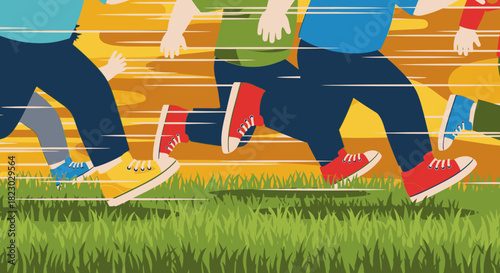 A vibrant cartoon illustration captures a group of people energetically running a fast-paced race across a sunlit grassy field, emphasizing speed and dynamic movement.