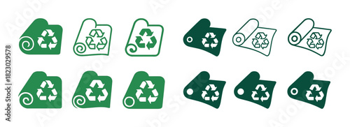 Green recycling icons set with various rolled paper designs