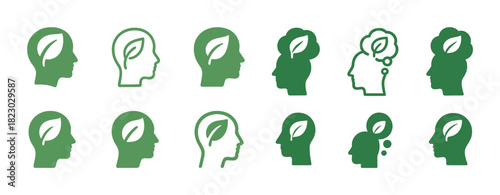 Green eco-conscious mind - leaf icons in human head silhouettes