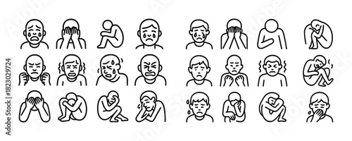 Various emotional expressions: line art illustrations showcasing male characters in different mood states