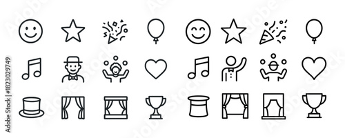 Collection of celebration and performance themed line icons