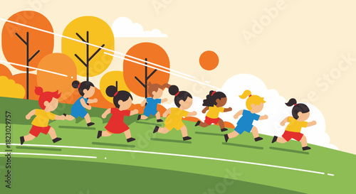 A vibrant illustration depicts a diverse group of happy children joyfully running and playing outdoors on a sunny day, showcasing childhood energy and fun.