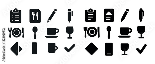Collection of dining icons: fork, spoon, glass, cup, pen, clipboard, checkmark