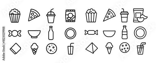 Vector icons of snacks and beverages: pizza, popcorn, drinks, ice cream, candy