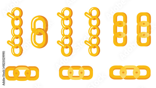 Collection of golden pretzel chain links vector illustration, various designs in bright colors, concept for jewelry decorative elements. 
