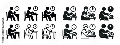 Icon set of people writing and eating with clocks in background