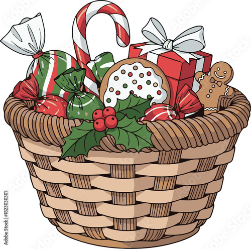 Festive Holiday Gift Basket Filled with Treats and Decorations