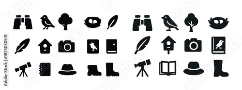 Birdwatching icon set: binoculars, birds, nest, telescope, feathers, birdhouse