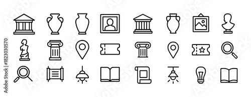 Museum icon set: ancient artifacts, architecture, and cultural symbols