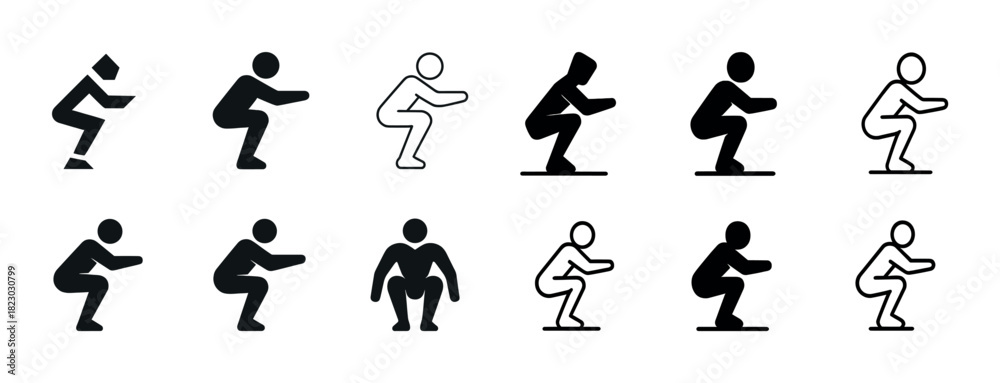 Naklejka premium Silhouette variations of squatting positions in icon set