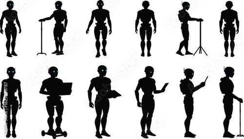 Humanoid robot silhouettes, black and white, glowing eyes, assistive devices, healthcare technology, mobility support, futuristic design, AI, robotics illustration