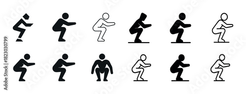 Silhouette variations of squatting positions in icon set
