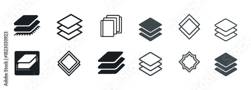Set of ten layer icon designs in various styles and configurations