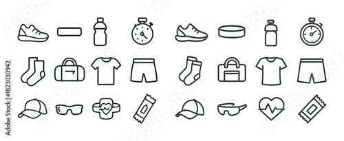 Set of fitness and sports icons including shoes, stopwatch, socks, and heartbeat